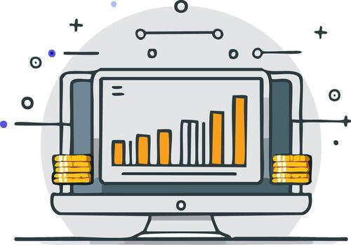 Desktop computer displaying a bar graph with rising bars and stacks of coins symbolizing financial growth and success vector