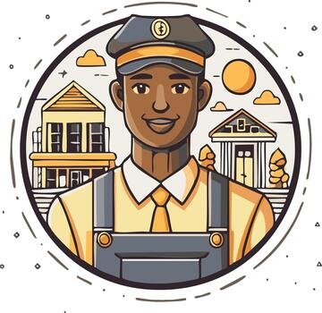 Portrait of friendly worker with architectural buildings, clouds, sun, and a cap in illustrative style, showing concept of community vector
