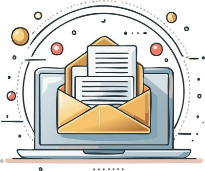 Email notification on laptop screen with open envelope and papers vector