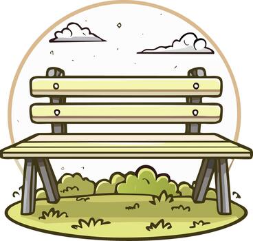 Cartoon illustration of a park bench with grass, bushes and clouds, in a circle frame vector