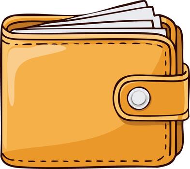 Orange bi fold wallet with papers sticking out held closed by a snap button vector