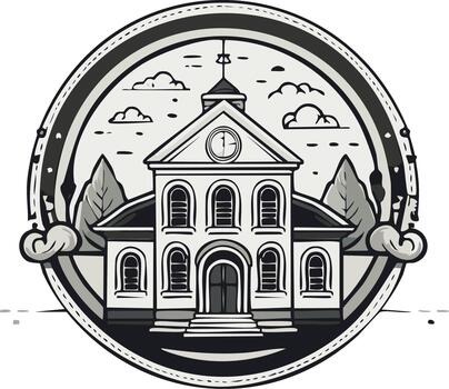 Classic academic institution building illustration with clock tower and trees inside a circular frame vector