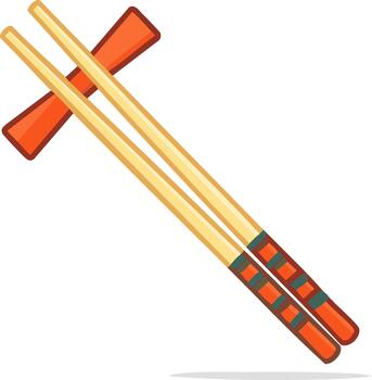 Simple illustration of a pair of bamboo chopsticks resting on an orange chopstick rest vector