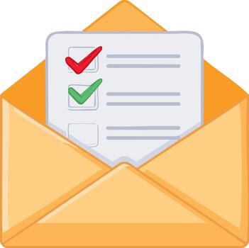 Open mail envelope containing a checklist survey or voting ballot with check marks vector