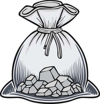 Drawing of a tied sack overflowing with grey rocks spilling onto a surface vector