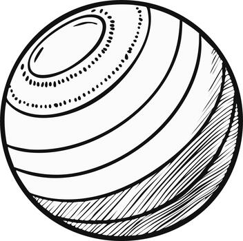 Hand drawn black and white illustration of an abstract stylized sphere with concentric rings and textured patterns vector