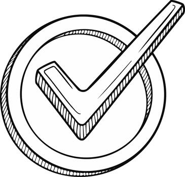 Sketch illustration of check mark in circle for approval, acceptance, or task completion icon in black and white vector
