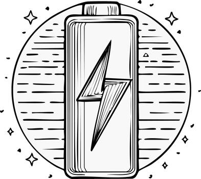 Hand drawn energy battery icon with sparkling lightning bolt inside a circle representing power and full charge vector