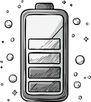 Hand drawn battery icon showing partial charge level with surrounding bubbles and sparkles vector