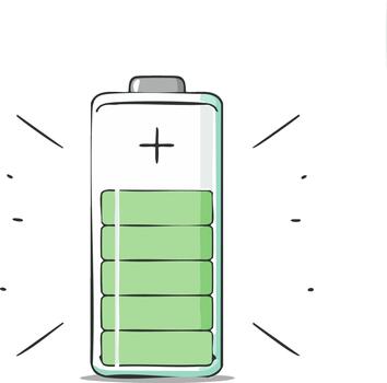Illustration of a charged battery displaying level of energy, power and capacity vector