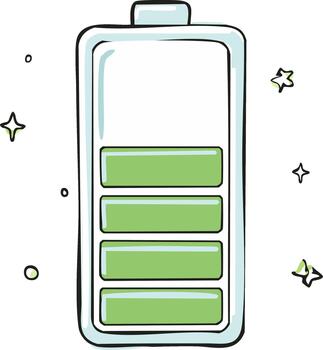 mano dibujado ilustración de un verde batería con cargar nivel indicador y destellos vector