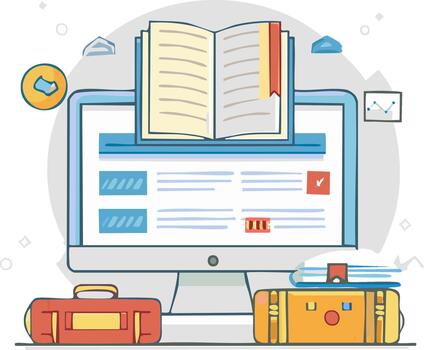 Online Learning Computer Setup with Open Book and Briefcases vector