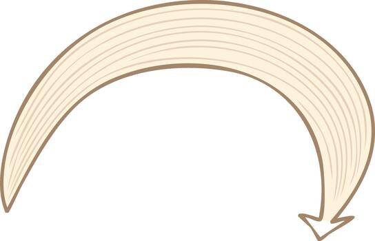 Tan curved arrow graphic with linear texture, point down, direction illustration with neutral earth tones, minimal design vector