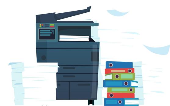 Office printer generating paper documents and binders vector