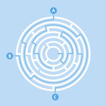 Circular maze showing problem solving and solution concept vector