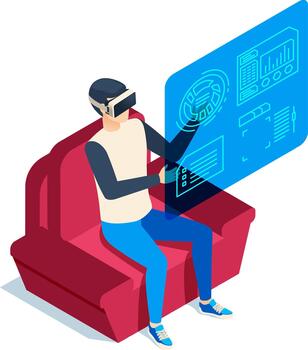 Person experiencing virtual reality while interacting with interface vector