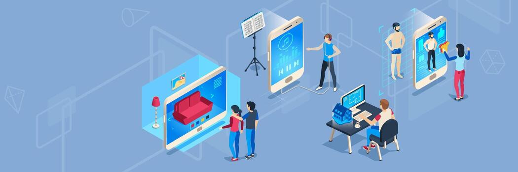 Augmented reality and virtual experience developing applications vector