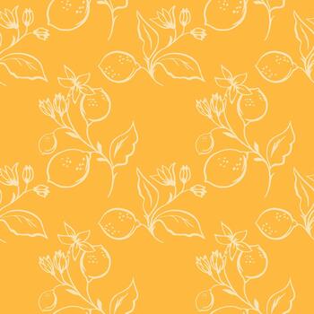 Seamless pattern with delicate lemon branches, flowers and leaves drawn in soft line art on a warm yellow background. Ideal for textiles, packaging and modern decor vector