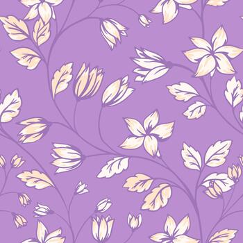 Seamless floral pattern with elegant outlined blossoms, soft cream petals and flowing leafy branches on a gentle purple background, creating a delicate and decorative botanical design vector