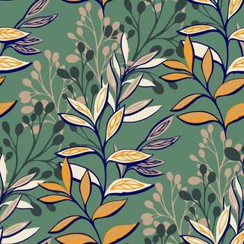 Elegant pattern with layered botanical branches, slender leaves, and soft berries on a muted green background. Delicate outlines and warm accents create a refined natural design vector
