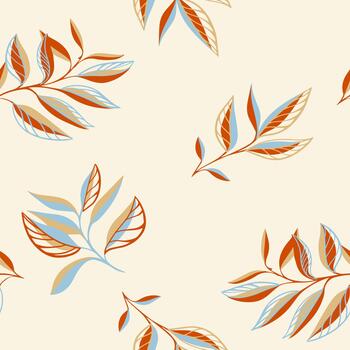 Seamless pattern featuring elegant stylized leaves in warm terracotta and soft blue tones on a light background, creating a refined botanical design for textiles, decor, and packaging vector