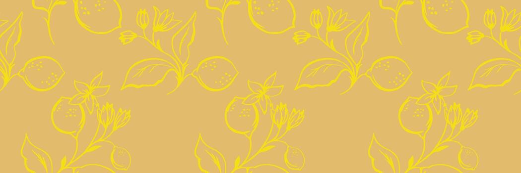 Seamless pattern featuring delicate lemon branches, blossoms and leaves in soft line art on a warm mustard background. Ideal for textiles, packaging, decor and modern surface design. vector
