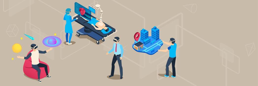 People exploring virtual reality experiences and augmented world vector