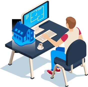 Architect designing residential home blueprint on computer vector