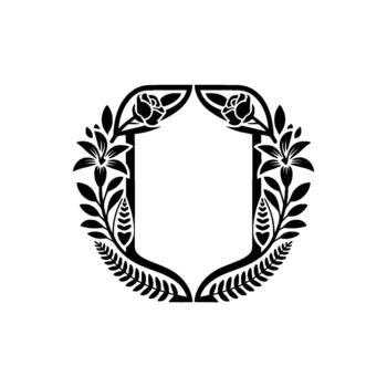silhouette of an ornate oval crest frame adorned with stylized roses and lily flowers surrounded by botanical leaf elements and subtle heart shapes vector