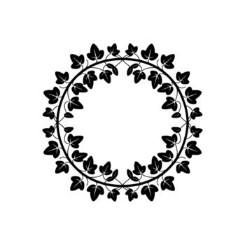 A detailed silhouette of a circular ivy vine wreath with numerous heart shaped leaves and thin branches arranged symmetrically vector
