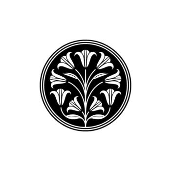 A sophisticated circular emblem featuring a stylized floral motif of multiple lily blossoms and leaves arranged in an art nouveau inspired symmetrical pattern vector