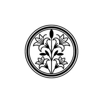 minimalist emblem of stylized lily flowers and leaves within a double bordered circular frame isolated vector