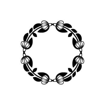 Elegant ink botanical wreath composed of stylized closed buds and abstract leaf shapes arranged in a circular frame vector