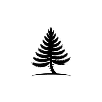 A minimalist silhouette of a dark pine tree with distinct textured foliage and a curved trunk vector