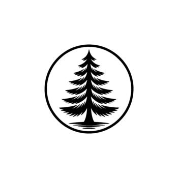 A striking silhouette of a stylized evergreen tree with layered branches and a simple base framed within a bold circle vector