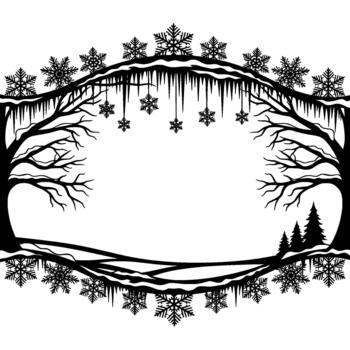 A stylized illustration depicting a winter wonderland with bare branching trees adorned with snowflakes and icicles framing a serene landscape of snowcovered hills and evergreen trees in muted vector