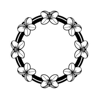 A minimalist of a circular wreath adorned with delicate stylized lilies evenly spaced around its circumference vector