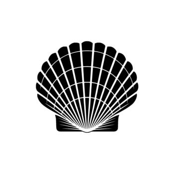 A striking monochromatic silhouette of a detailed scallop seashell displaying intricate radiating ribs and a smooth base isolated vector
