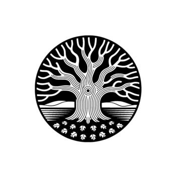 Stylized circular emblem featuring a simplified tree of life with intricate trunk lines and flowing branches above rolling hills and fallen oak leaves vector