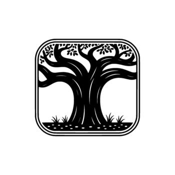 A stylized silhouette of a thick ancient tree with sprawling branches and detailed leaves contained within a rounded square border vector