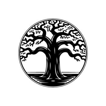 estilizado Arte ilustración de un majestuoso antiguo árbol con nudoso ramas y escaso hojas contenido dentro un circular frontera vector