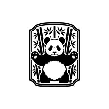 Stylized illustration of a friendly panda bear with outstretched arms standing in front of a stylized bamboo forest within a decorative shield shape vector