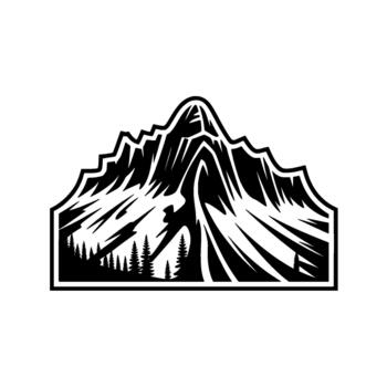 A bold stylized of a majestic mountain peak with sharp rugged edges and a dense forest line along its base vector