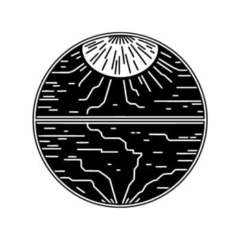 A minimalist line art illustration of a celestial sphere representing the earth with abstract sun rays above and stylized ocean waves below vector