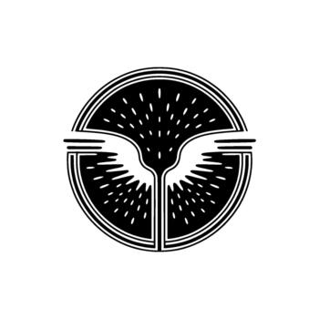 Abstract circular featuring stylized avian wings emitting radiating lines and scattered dots vector