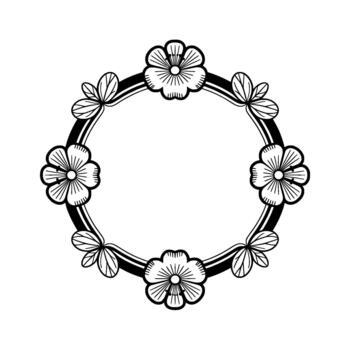 un detallado y estilizado tinta contorno de un circular floral frontera compuesto de alterno sencillo margarita me gusta flores y racimos de hojas creando un elegante decorativo elemento vector