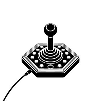A striking isometric illustration of a classic hexagonal arcade joystick connected by a wire to an unseen device vector