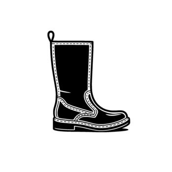 A bold minimalist illustration of a classic tall rubber rain boot with detailed stitching and a pull loop vector