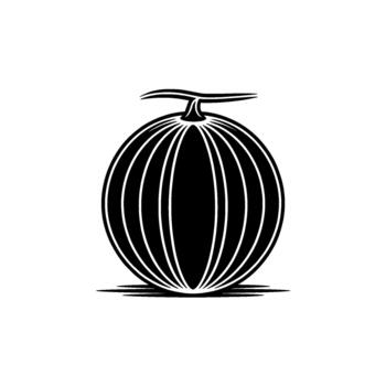 A stark illustration of a ripe cantaloupe melon with segmented lines and a stem vector