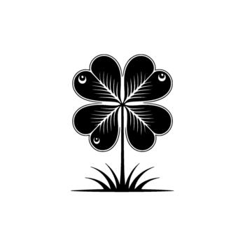 Stylized silhouette of a four leaf clover with intricate line details and circular eye elements vector